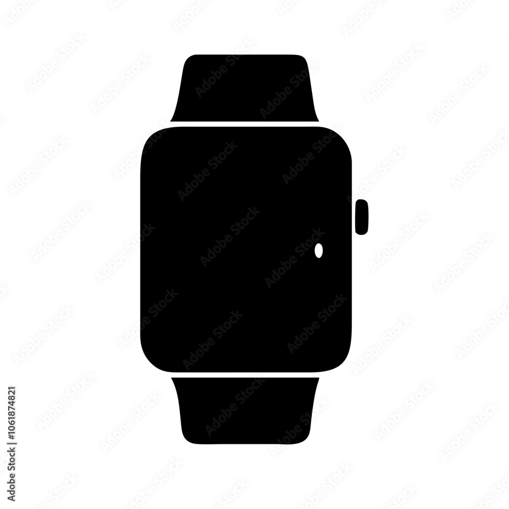 Black Flat Smartwatch Icon: A high-resolution, minimalist vector icon representing a smartwatch. This clean and sleek design is perfect for digital and print media.