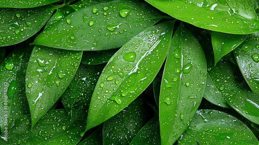 Close-up of lush green leaves with dew drops. Close-up of lush green leaves with dew drops.