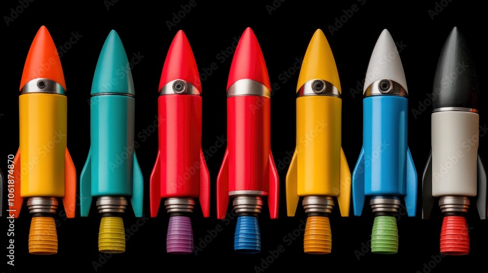 Row of Colorful Toy Rockets on Black Background Row of Colorful Toy Rockets on Black Background