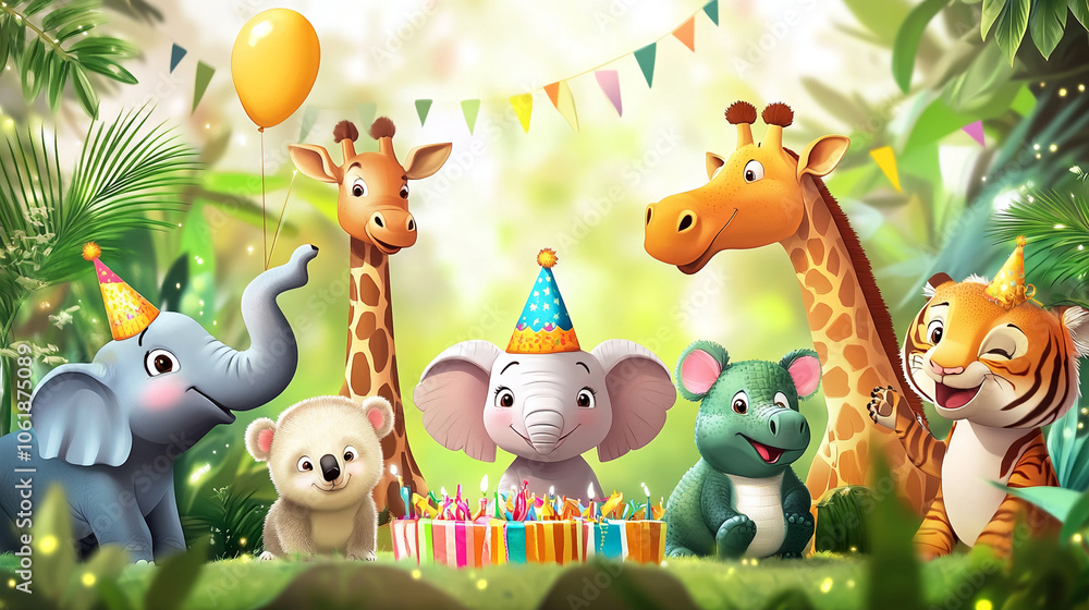 Naklejka premium animal zoo concept celebration birthday background bright colors gifts, cake, balloons, confetti with birthday candles