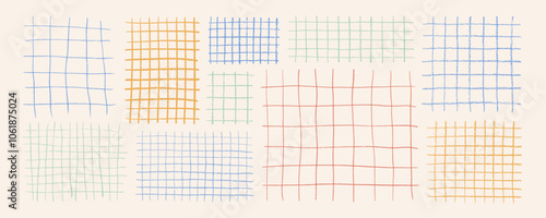 Crayon drawn pastel colored grids for notes. Square grid and striped patten for hand drawn notepads. Checked kid's wallpaper print for collages. Geometric plaid pattern with pencil lines and strokes.