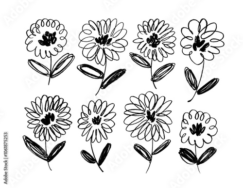 Crayon drawn collection of chamomile flowers. Naive daisies, asters, and chrysanthemums. Outline pencil botanical drawings. Hand drawn vector illustrations with cute kid scribbles and sketches.