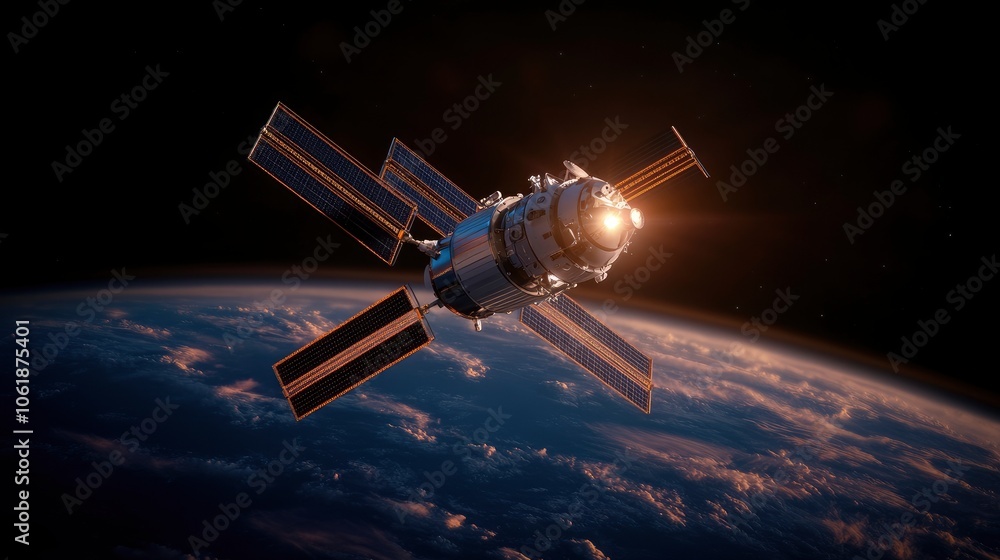 Obraz premium Spacecraft Orbiting Earth with Solar Panels