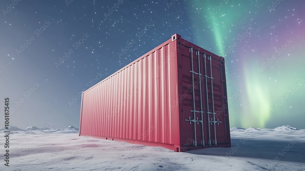 A red shipping container sits on a snowy landscape with the Northern Lights in the background. A red shipping container sits on a snowy landscape with the Northern Lights in the background.
