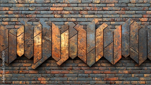 Brick wall with arrows shaped from metal rods, art installation, 3D illustration photo