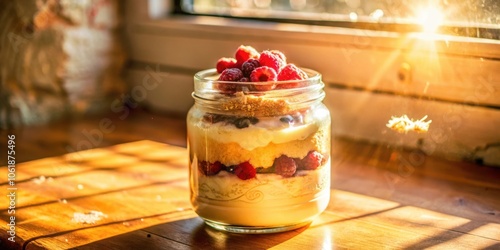 A glass jar filled with a delicious layered dessert, featuring creamy vanilla custard, crunchy crumbs, sweet berries, and a touch of sunshine. photo