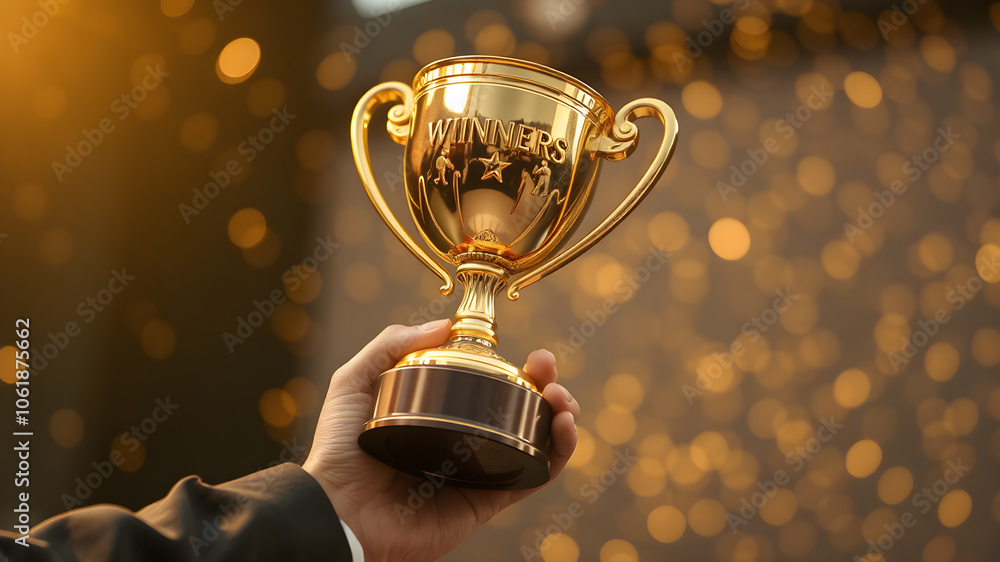 Golden cup in hand.on bokeh background. Golden cup in hand.on bokeh background.