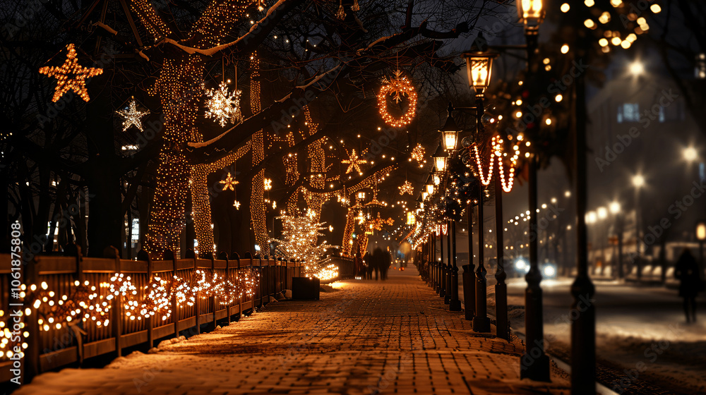 Street in a Christmas night, Street decorated for Christmas Street in a Christmas night, Street decorated for Christmas