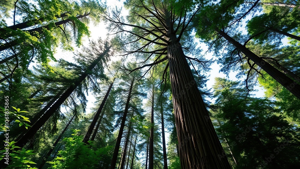 Looking up into towering redwood tree canopy with sunlight filtering through, beauty, forest, wild