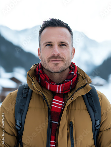 Handsome Man in Winter Gear with Scenic Alpine Background