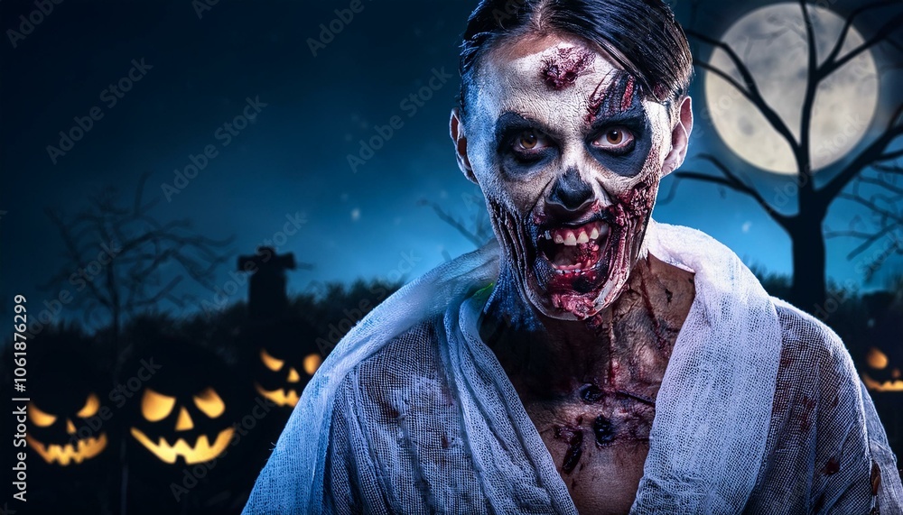 Zombie costume during Halloween night, scary, horror Zombie costume during Halloween night, scary, horror
