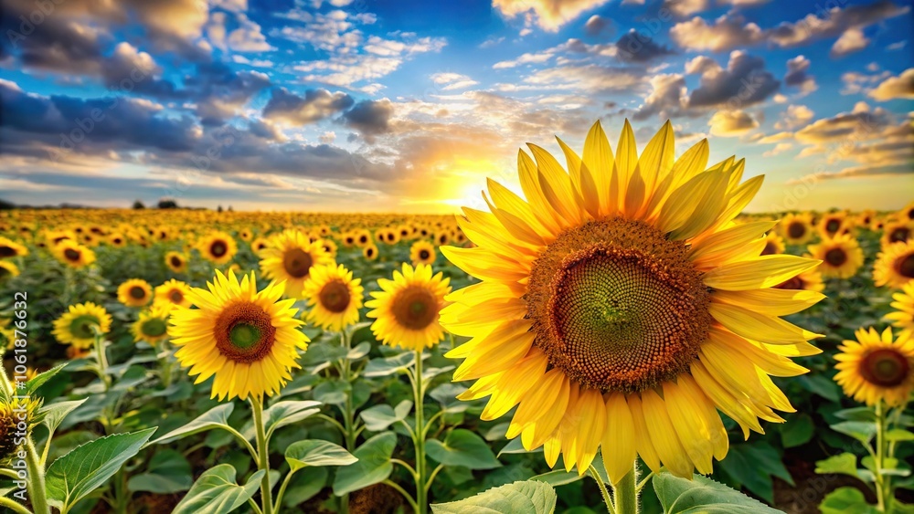Majestic sunflower field with towering stalks and bright yellow blooms, wildflowers, cheerful scene Majestic sunflower field with towering stalks and bright yellow blooms, wildflowers, cheerful scene
