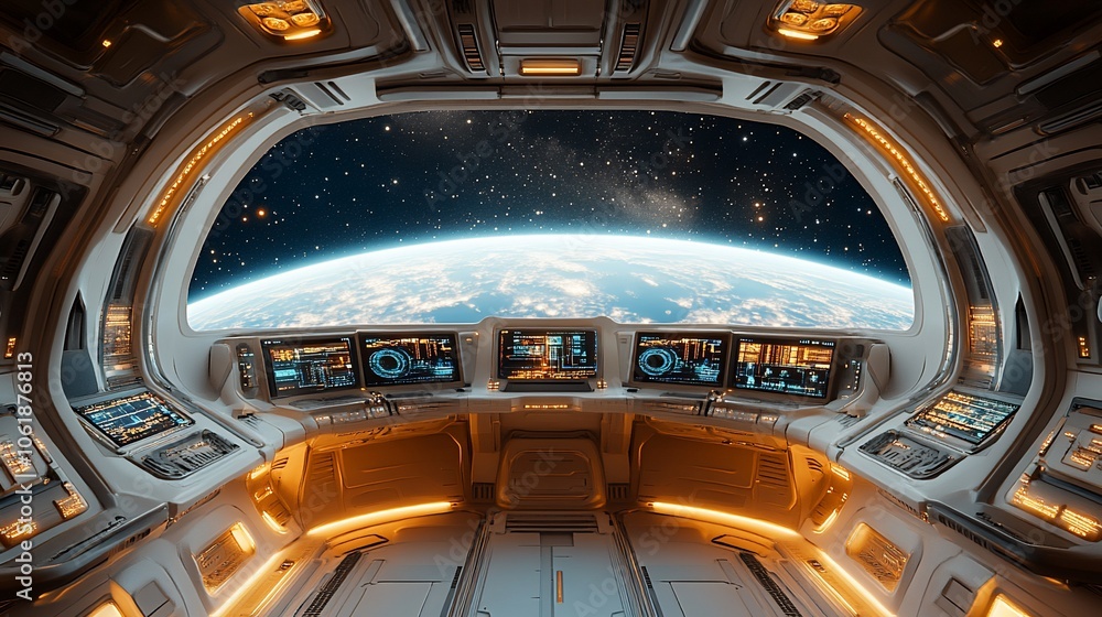 View of Earth from spaceship cockpit with control panels and a large window. View of Earth from spaceship cockpit with control panels and a large window.