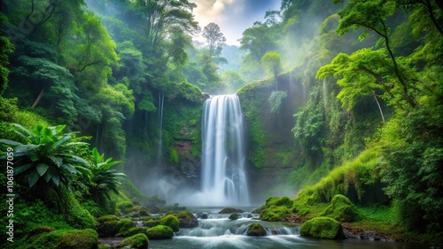 Misty waterfall surrounded by dense forest and lush greenery, foliage, serene, peaceful, nature, verdant