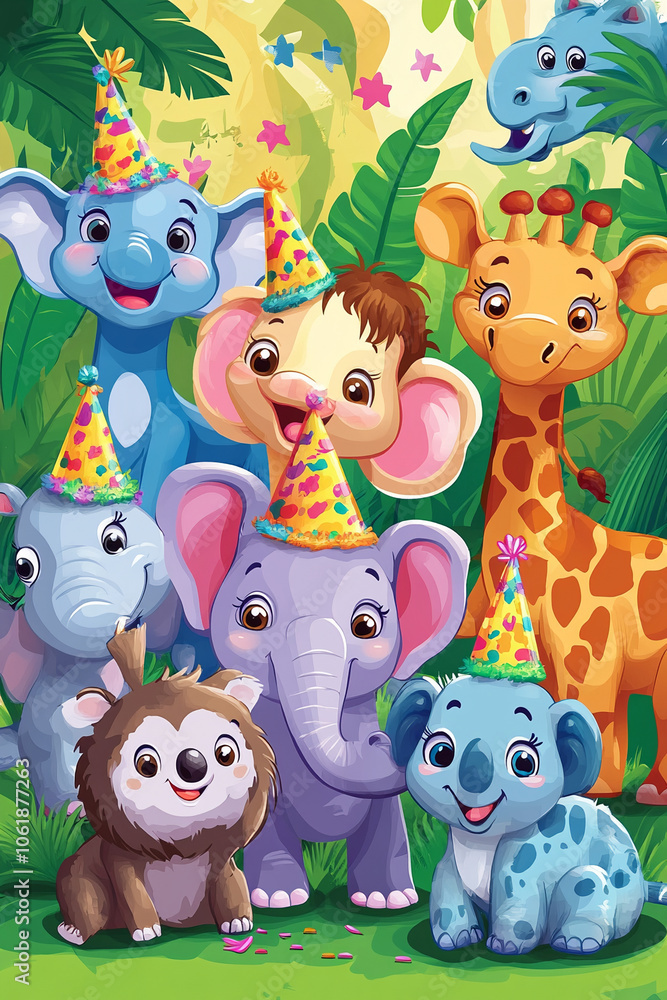 Fototapeta premium animal zoo concept celebration birthday background bright colors gifts, cake, balloons, confetti with birthday candles