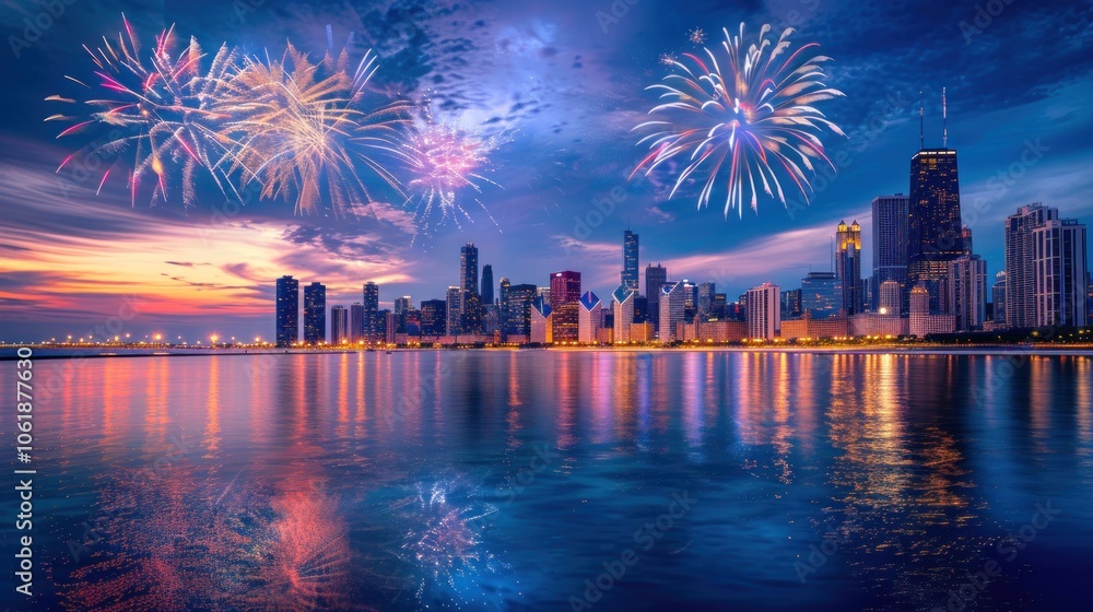 Fototapeta premium Beautiful Colorful Fireworks Celebration Over the Chicago River