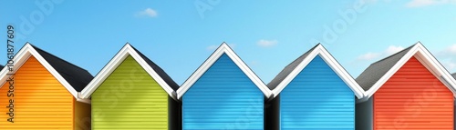 Colorful beach houses with sloped roofs under a clear blue sky, creating a vibrant and cheerful atmosphere.