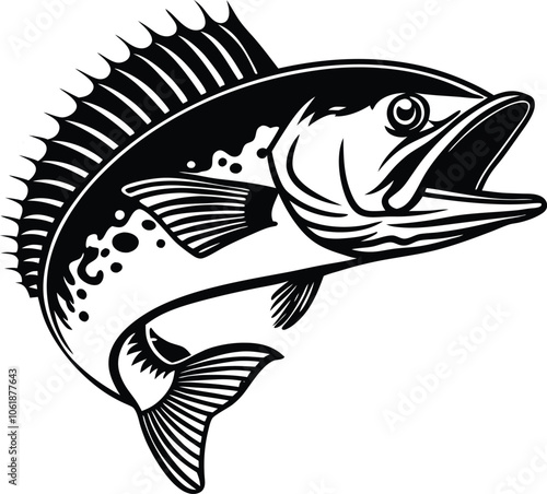 Black and white vintage fish vector with open mouth and dramatic lighting  