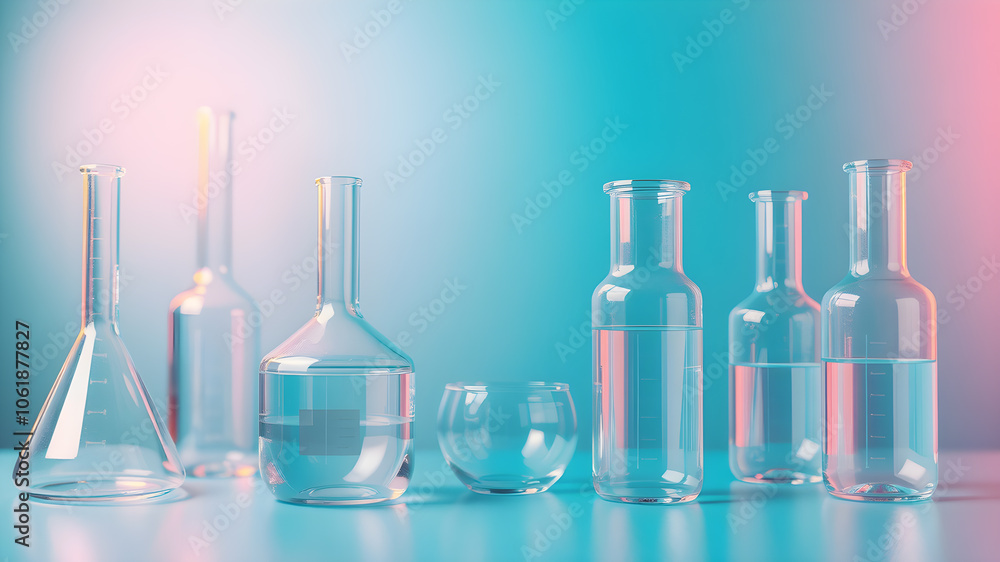 Laboratory glass equipment with liquidwater ingredients on blue background. Laboratory glass equipment with liquidwater ingredients on blue background.