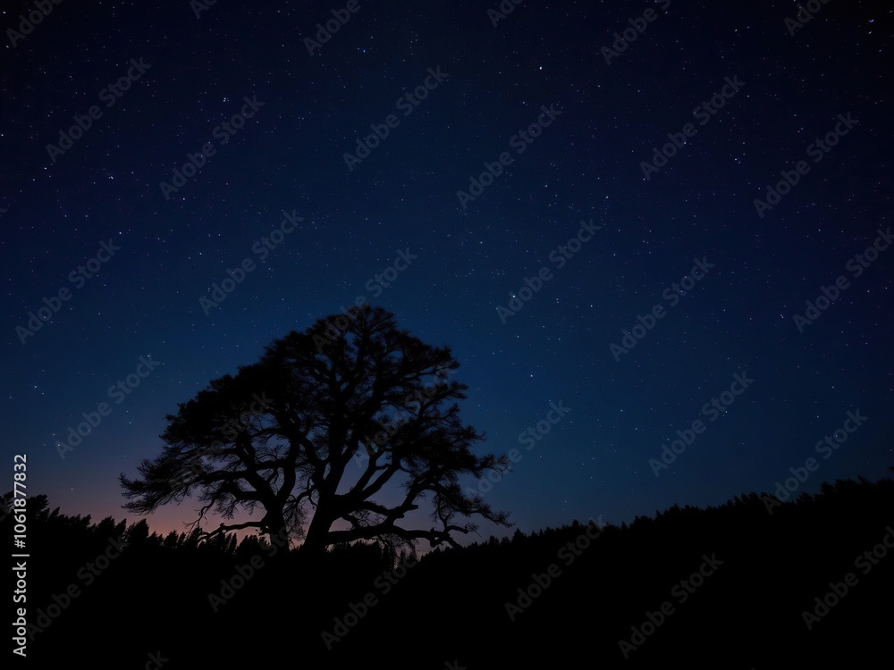 Naklejka premium Night sky panorama with silhouetted tree and dense forest under starry sky, dark, silhouette, tree