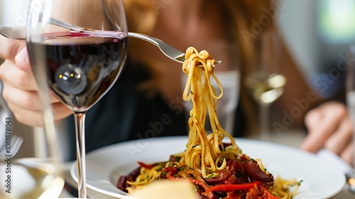 Woman's hand twirling spaghetti noodles on a fork, with a glass of red wine in the background.