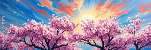 Wallpaper Mural Oil painting of cherry blossom trees under a vibrant spring sky, pink, oil, blossom Torontodigital.ca