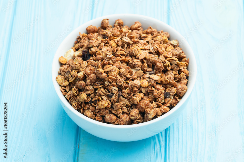 Homemade grain granola . Healthy energy eating . Top view Homemade grain granola . Healthy energy eating . Top view
