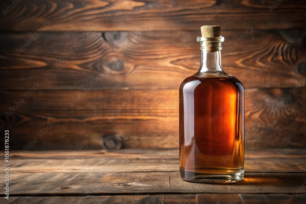 Old brown whiskey bottle with a cork stopper sitting on a wooden table, furniture, home bar Old brown whiskey bottle with a cork stopper sitting on a wooden table, furniture, home bar