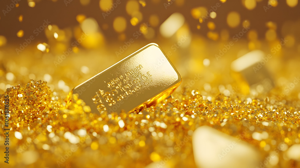 Gold bar in a pile of golden particles