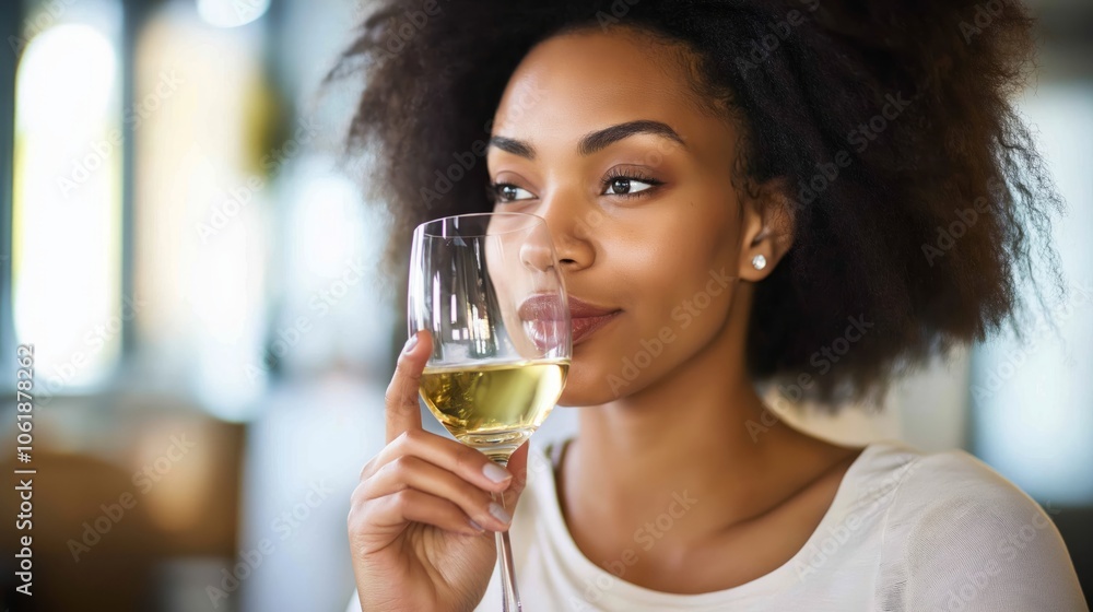 An Elegant Woman Relishing a Glass of Exquisite White Wine in a Cozy, Inviting Setting An Elegant Woman Relishing a Glass of Exquisite White Wine in a Cozy, Inviting Setting