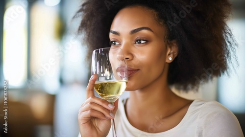 An Elegant Woman Relishing a Glass of Exquisite White Wine in a Cozy, Inviting Setting