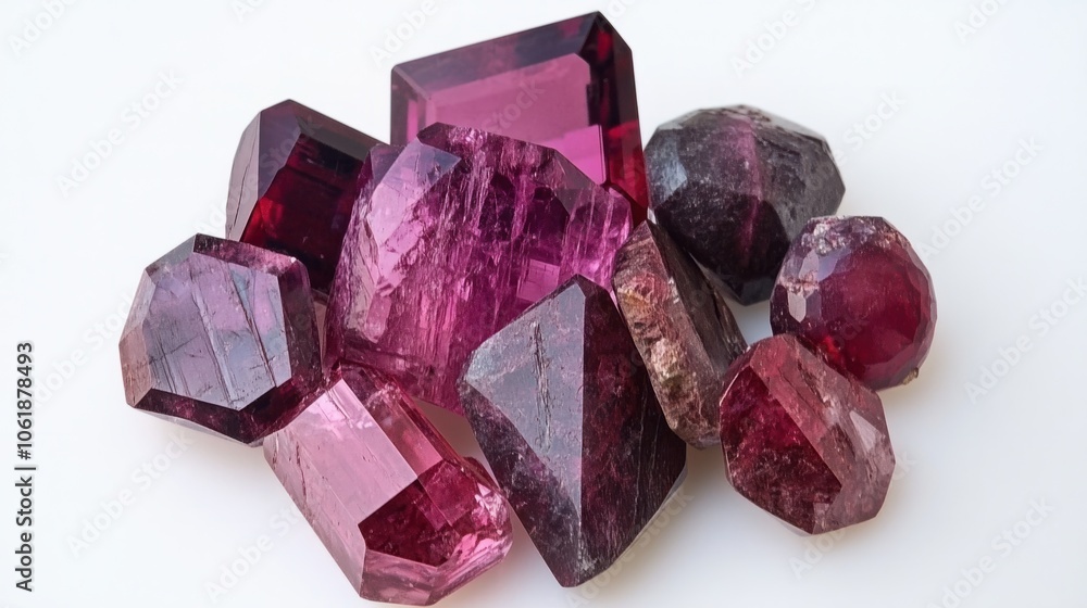 Assorted spinel gemstones with rich hues and sparkling facets isolated on a white background Assorted spinel gemstones with rich hues and sparkling facets isolated on a white background
