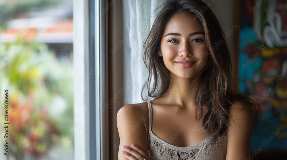 A young woman smiles cheerfully while looking at the camera. A young woman smiles cheerfully while looking at the camera.