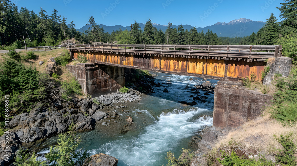 A wooden bridge over a fast-flowing river in a mountainous region. A wooden bridge over a fast-flowing river in a mountainous region.