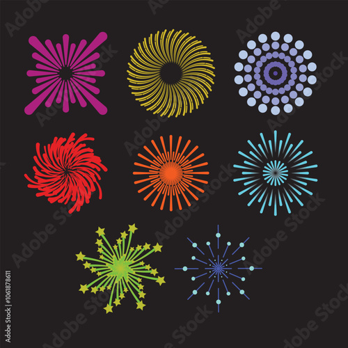 fireworks set with various colors and shape variations