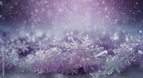 soft purple winter background with glowing snowflakes and icy borders