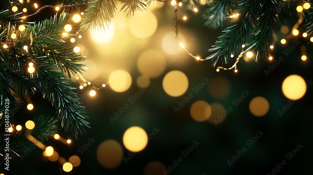 Festive pine branches adorned with twinkling lights, creating a warm, cheerful atmosphere for the holiday season.