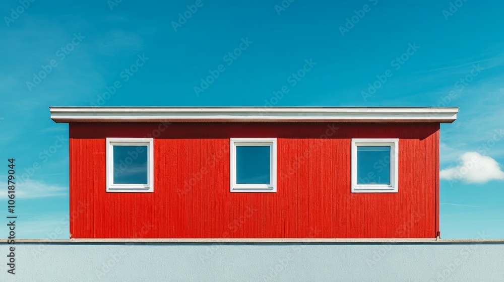 Building with red facade against blue sky background Building with red facade against blue sky background