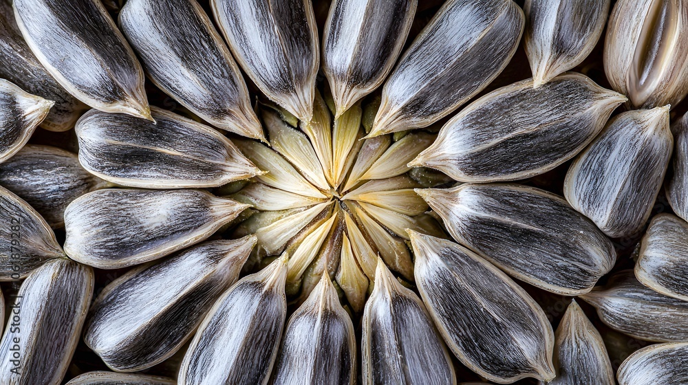 Detailed macro shot of sunflower seeds arranged in a natural circular pattern, highlighting texture, symmetry, and botanical beauty. Detailed macro shot of sunflower seeds arranged in a natural circular pattern, highlighting texture, symmetry, and botanical beauty.