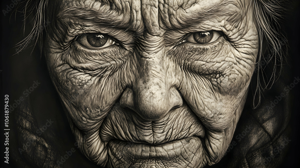 Close-up portrait of an elderly woman with wrinkles and intense gaze. Close-up portrait of an elderly woman with wrinkles and intense gaze.