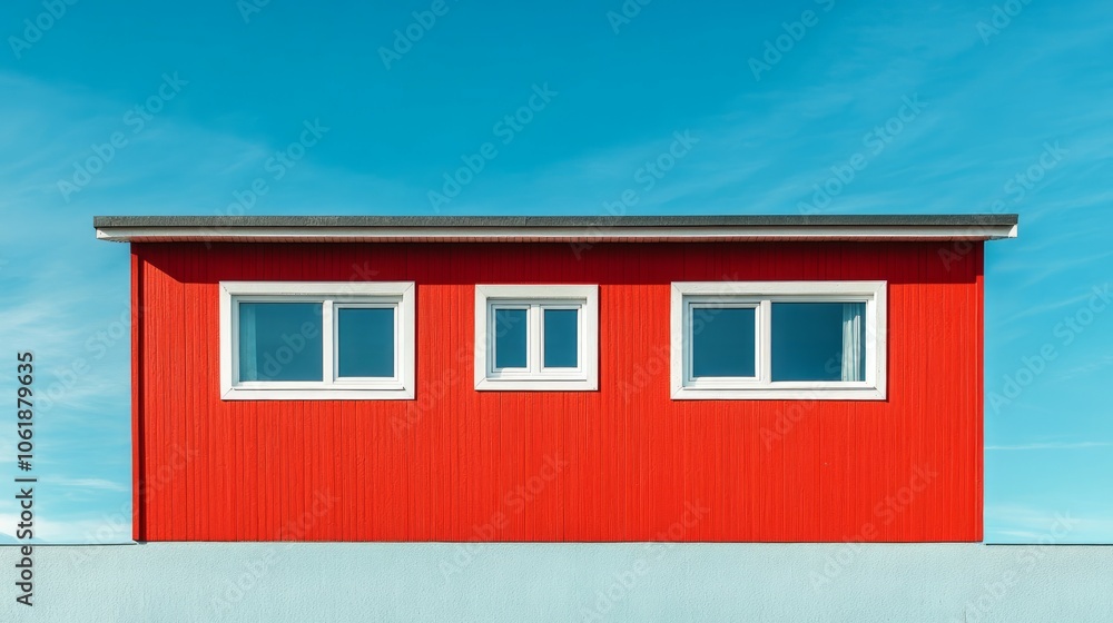 Building with red facade against blue sky background Building with red facade against blue sky background