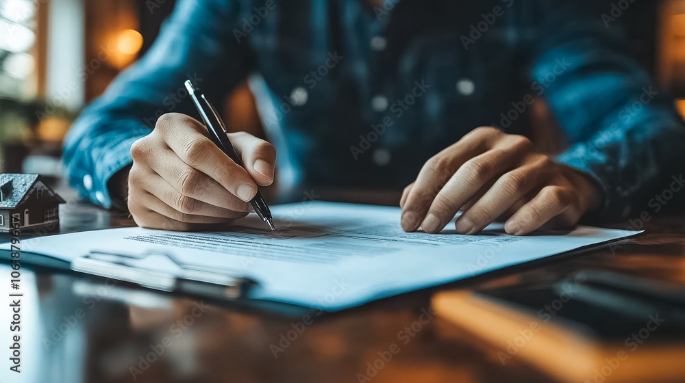 Hands writing on a document with a pen, captured in a cozy workspace environment. Hands writing on a document with a pen, captured in a cozy workspace environment.
