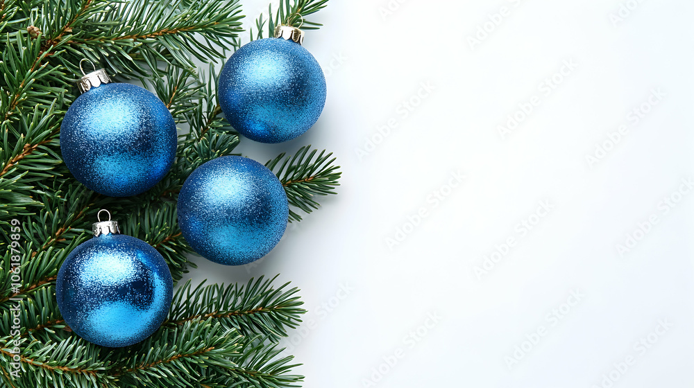 Obraz premium Blue Christmas Ornaments on Fir Branches, christmas baubles, christmas decorations, christmas tree, fir needles, winter holidays