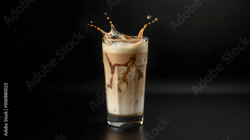 Splash of iced coffee in tall glass of coffee on black background.