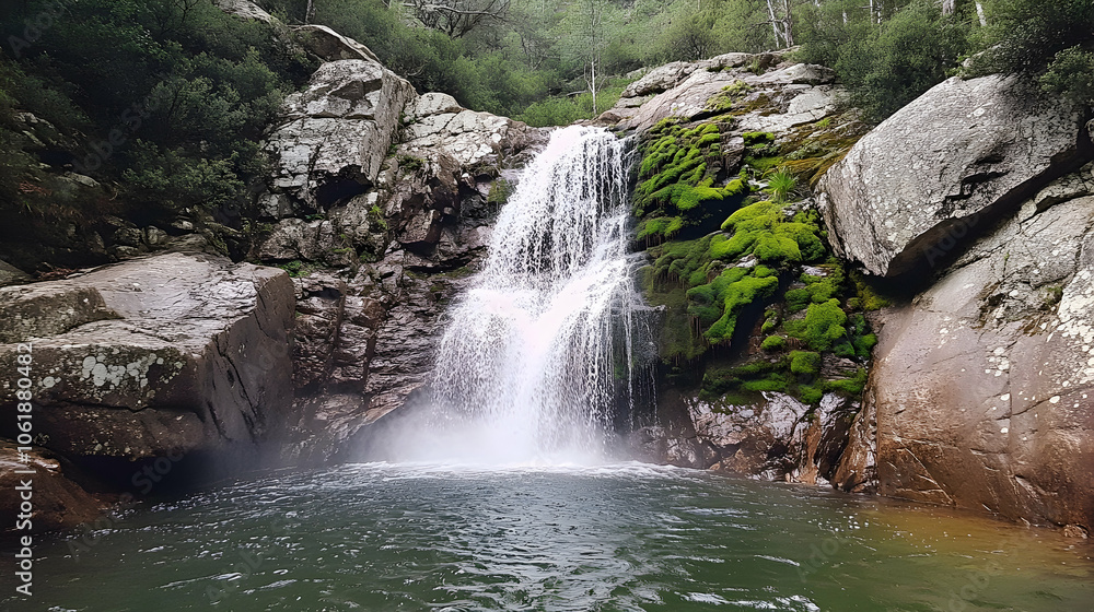 Naklejka premium Majestic waterfall cascading over moss-covered rocks into a tranquil pool.