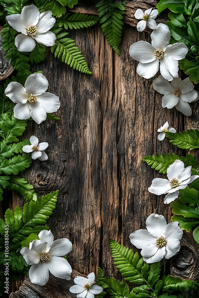 A beautiful arrangement of white flowers and green ferns framing a rustic wooden background for nature lovers and garden enthusiasts A beautiful arrangement of white flowers and green ferns framing a rustic wooden background for nature lovers and garden enthusiasts