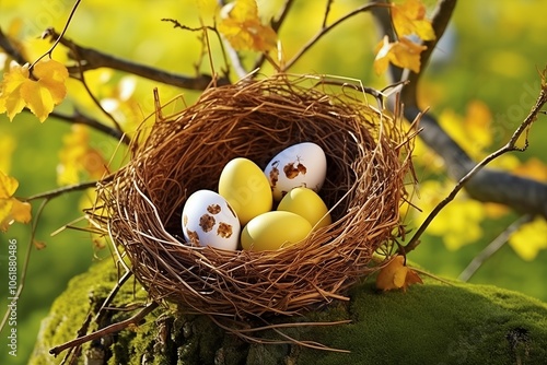 A bird's nest with five colorful eggs, three yellow and two white with brown spots, nestled in the branches of a tree. photo