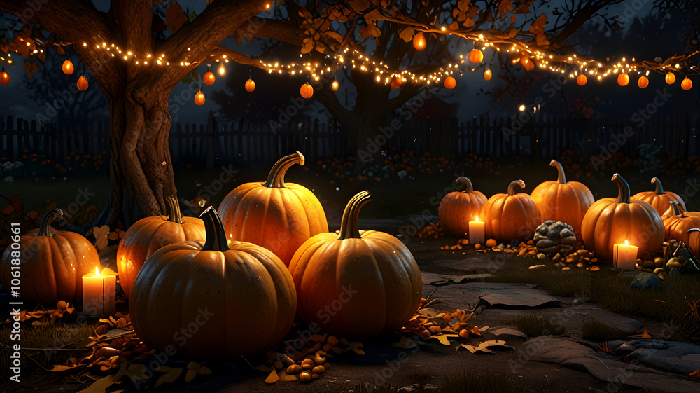 Fototapeta premium Halloween pumpkin patch with lights hanging from a tree and candles around it