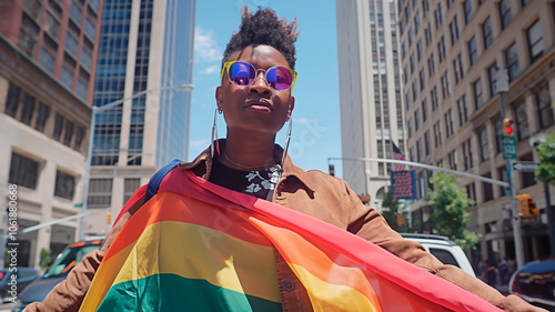 Confident individual proudly holding rainbow flag in urban setting. Empowered African American woman showcasing LGBTQ+ pride in downtown area.