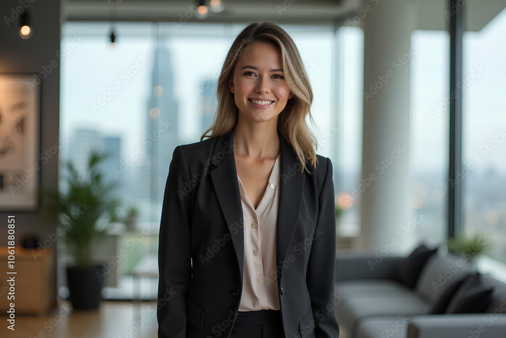 Smiling confident young businesswoman looking at camera standing in office. Elegant stylish corporate leader successful ceo executive manager. Smiling confident young businesswoman looking at camera standing in office. Elegant stylish corporate leader successful ceo executive manager.